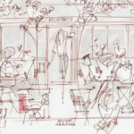 Illustration Straßencafe Rosenrot Köln, Stadtleben, Cafe