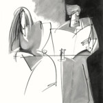 Illustration, Kneipe, Nachtleben, Kölsch, Paar am Tisch, Bier, Biertrinken, Theke